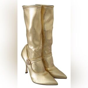 NIB Dolce & Gabbana Gold Rhinestone Mary Jane Stretch Ankle Sock Boots Sz 36